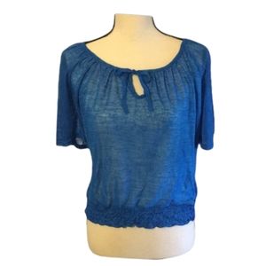 Blue Keyhole Short Sleeve Sheer Top Medium